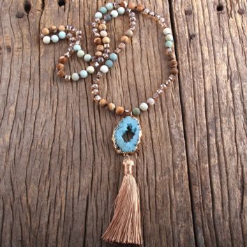 Boho Jewelry Women Gift Natural Stone and Crystal Beads Tassel Necklace Irregular Druzy Drop Pendant Necklace