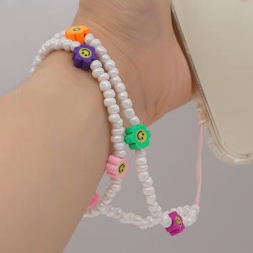 Boho Mobile Chain Pearl Beaded Anti-Lost Phone Strap Charm Handmade Soft Pottery Smiley Face Flower Wrist Phone Chain