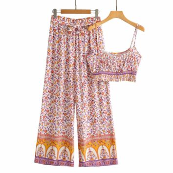 Boho Pants Suit European and American Floral Printed Beach Holiday Loose Split Long Pants and Strapless Trousers and Tops