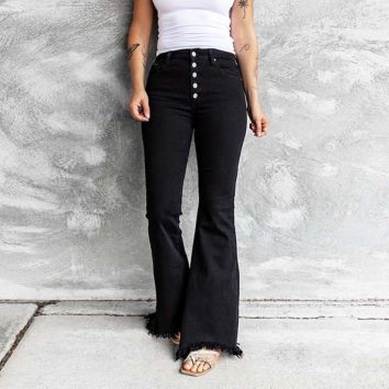 Boot Cut Jeans Women's Flared Button Jeans Slimming Pants High-Waist Women's Denim Trousers