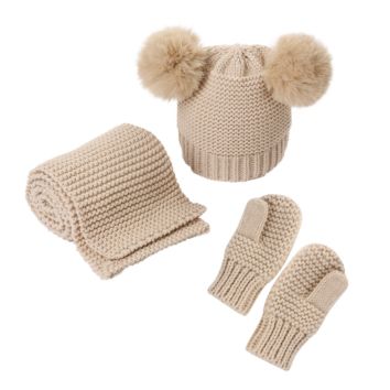 Boys Girls Kids Toddles Baby Knitted Beanie 3Pcs Hats Gloves Scarfs with Faux Fur Pom Pom