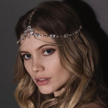 Bridal Headband Rhinestone Wedding Hair Chain Headpiece Accessories for Women Boho Forehead Head Chain Jewelry