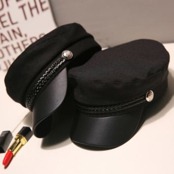 British Style Octagonal Cap Leather Brim Newsboy Hat Military Beret Women