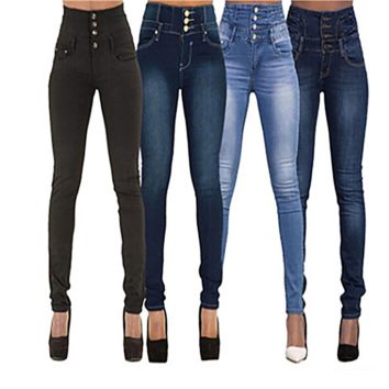 Button Fly Super Stretch Slim-Fit High Waisted Elastic Waist Pencil Pants Skinny Casual Women Demin Jeans