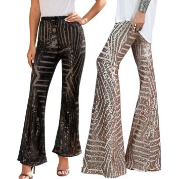 Casual Black High Waist Trousers Women Flare Sequin Pants