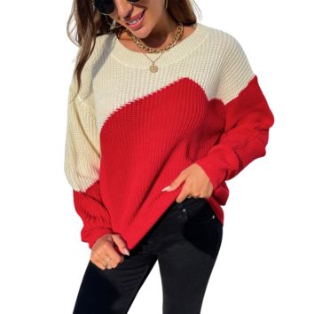 Casual Loose Long Sleeves Crew Neck Knitwear Color Blocking Sweater Pullover Women