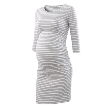 Casual O-Neck Striped Plain Maternity Dress for Pregnant Women in Spring And