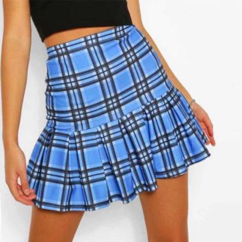 Casual Printed Blue Plaid Pleated Skirt Short Women's Skirts