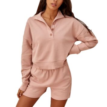 Casual Solid Color Crop Top and Shorts Loose 2 Piece Set Sport Female Tracksuits Buttons for Clothes
