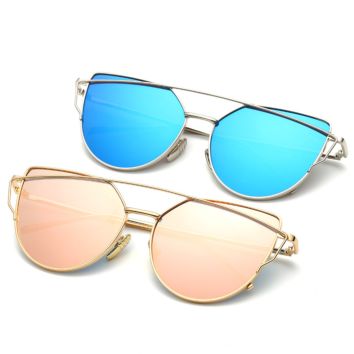 Cat Eye Sun Glasses Metal Reflective Flat Lens Vintage Rose Gold Mirror Woman Sunglasses