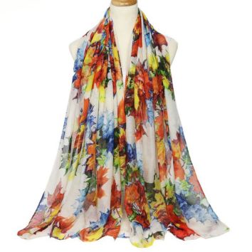 Cenrui Popular Maple Leaves Printing Colorful Travel Pearl Chiffon Scarf for Women
