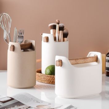 Ceramic Chopstick Holders Multi-Function Ceramic Cutlery Utensil Holder Storage Rack for Kitchen Holder with Wood Handle