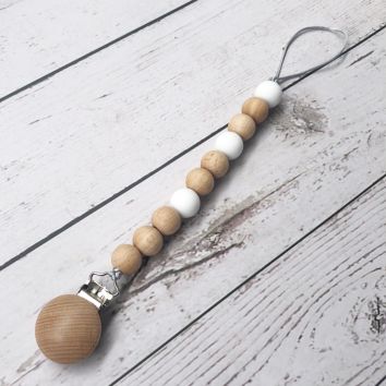 Chewable Beaded Holder Wooden Silicone Dummy Chain Baby Pacifier Clip