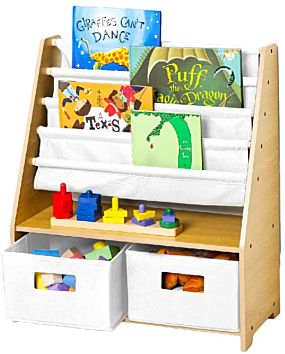 Children's Furniture Wooden Bookcase Shelf Kids Canvas Sling Bookshelf with Storage for Boys and Girls Wooden Design Features