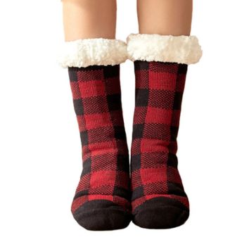 Christmas Women Knitted Plaid Print Thick Sherpa Fleece Floor Home Socks with Grips