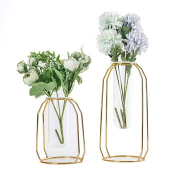 Clear Geometric Plant Pot Centerpiece Plant Vase with Iron Art Frame Stand