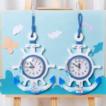 Clock Watch Anchor Wooden Style Ship Wheel Clock Wall Wood Quartz Color Mediterranean Beach Sea Nautical Rudder White and Blue