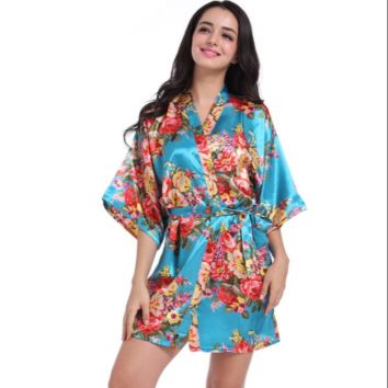 Colorful Female Printed Floral Kimono Dress Gown Chinese Style Silk Satin Robe Nightgown Flower S M L Xl Xxl