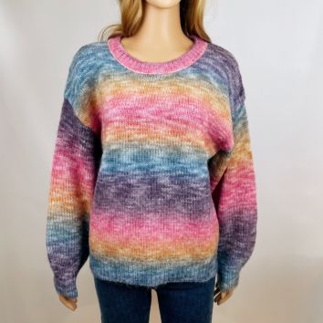 Colorful Material Crew Neck Long Sleeve Rainbow Jumper Women Knit Pullover plus Size Sweater for Ladies