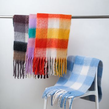 Colorful Plaid Blanket Scarf 100% Wool Fringe Pashmina Scarf Women