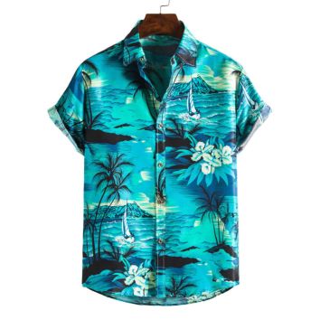 Cotton Hawaiian Shirts Printing Short Sleeves Casual Mens Shirts