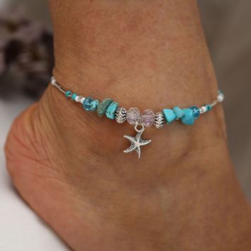 Creative Simple Beach Star Pendant Anklets Starfish Charm Ankle Bracelet Rice Bead Retro Anklet Foot Chain Jewelry