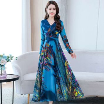 Cross Border Women's Long Sleeve Waist Cut Flower Dress Autumn over Knee Ice Silk Young Women Dress