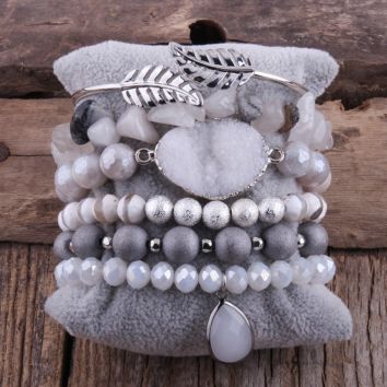 Crystal Beads Alloy Leaf Bangle 6 Piece Chip Beaded Bracelet Set White Druzy Stack Bracelet