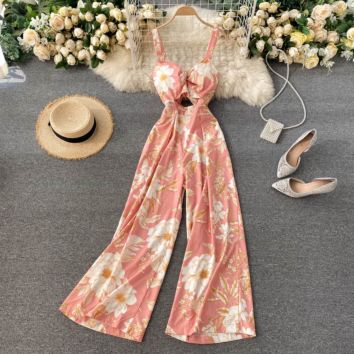 Cubear Cbyj0027 Romantic Style Multi Color Floral Pattern Sleeveless V Neck Tie Back Wide Leg Corset Jumpsuit