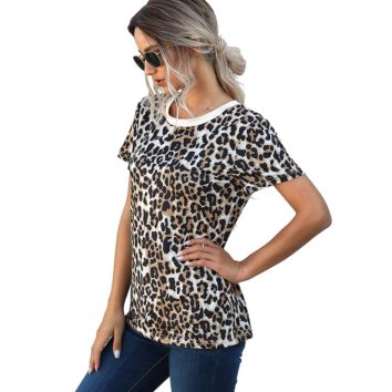 Customized Crew Neck Short Sleeve Leopard Women T Shirt Top