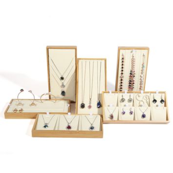 Customized Wooden Full Set of White Leather Jewelry Display Tray for Ring Necklace Earring