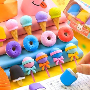 Cute Creative School Student Simulation Ice Cream Donut Erasers Set Kids Cartoon Food Eraser Gift Stationery Supplies 4Pc/Box