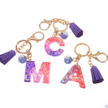 Cute English Letter Pendant Key Chains Ring Tassel Keyring Resin Acrylic Initial Car Handbag Keychain Holder Accessories Jewelry