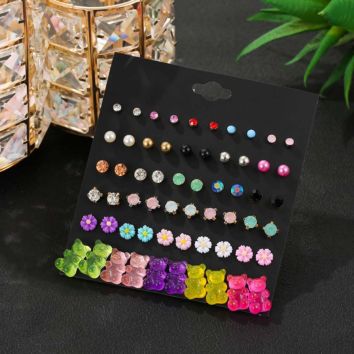 Cute Jewelry Colorful Crystal Rhinestone round Flower Stud Earrings Sugar Resin Gummy Bear Stud Earrings Set for Women