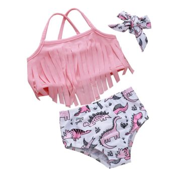 Cute Tassel Top Bikini Set Dinosaur Print Shorts Baby Swimwear Suit Dggs-024