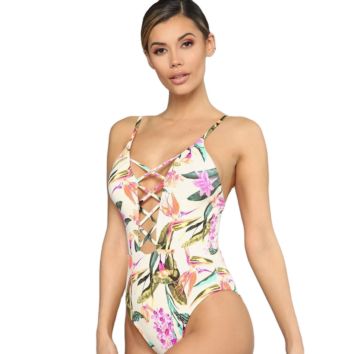 Cutout Hollow Out V Tummy Control Crop Flower One Piece Jumpsuits Monokini Bathing Suit Bikini Woman Swimwear