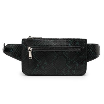 Dark Green Vagan Leather Snake Print Belly Fanny Pack Waist Bag Bumbag for Women