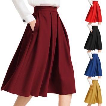 Design Knee High Waist a Line Midi Flared Bubble Long Pleated Womens Skirts with Side Pocket