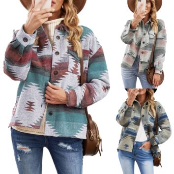 Design Long Sleeve Outdoor Pocketed Womens Shirt Aztec Jacket