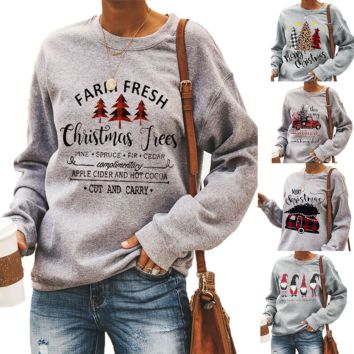 Design Womenes Christmas Car Letters Print Pullover Sweatshirt
