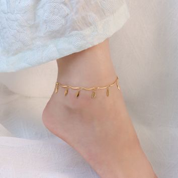Designer Tiny 18K Gold Plated Ankle Leg Chain Tassel Leaf Stainless Steel Gold Anklets
