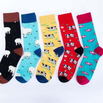 Directly Cow Pig Animals Patterned Socks Cartoon Colorful Happy Socks for Men