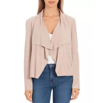Directly Lady Solid Faux Suede Drop Front Cropped Jacket Draped Open-Front Silhouette Long Sleeves Top