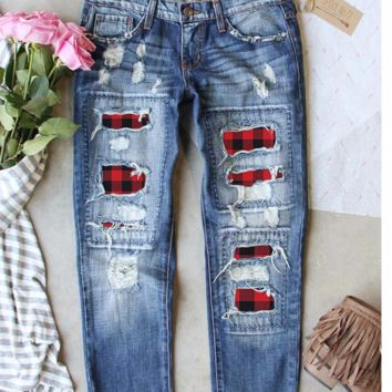 Distressed Cotton plus Size Pantalon Chic Straight Leg Slim Fit Denim Trousers Hip Hop Ripped Patchwork Jeans Women