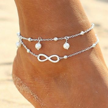 Double Pearl Anklet Handmade Anklet Beads Ladies Beach Anklets Turkish Eye Pendant