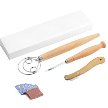 Eco-Friendly Kitchen Products Stainless Steel Original Wood Handle Curved Trimming Knife Bread Lame Danish Dough Whisk Set