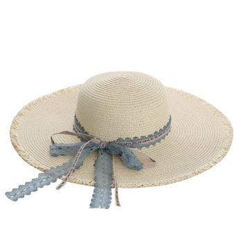 Elegant Ladies Straw Hat Lace Bow Hat with Large Brim Adjustable Holiday Outdoor Beach Straw Hat with Fur-Brim