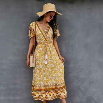 Ethnic Print Long Dress Women Tie Tassel Lace Short Sleeve Boho Lady Beach Rayon Maxi Dresses Female Loose