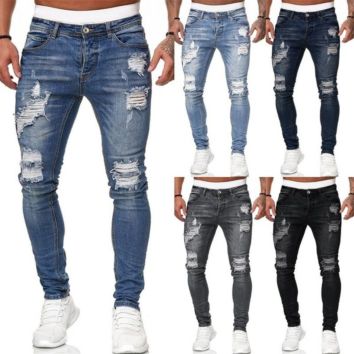 European and American Holes Worn White Slim Denim Old Trousers with Men
