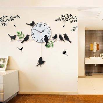 European Style Lovely Birds Decorate Metal Wall Clock